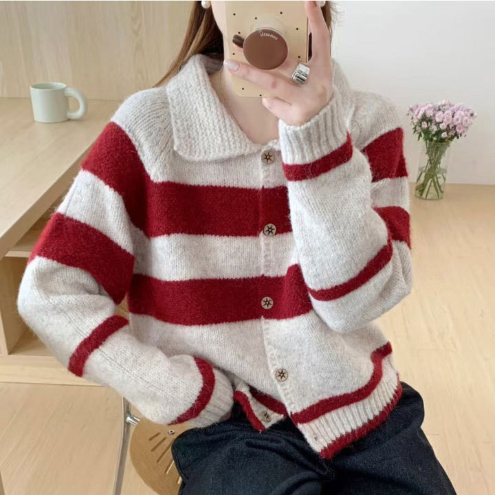 Damen kuschelige Strickjacke mit kontrastierenden Streifen und weich gestricktem Material Drune