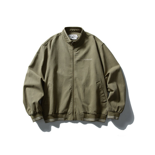 Unisex Kastig geschnittene Baumwoll-Canvas Bomberjacke mit Stehkragen und geripptem Saum Drune