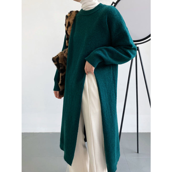 Damen Langer Strickpullover mit Lockere Passform und Seitenschlitzen Drune