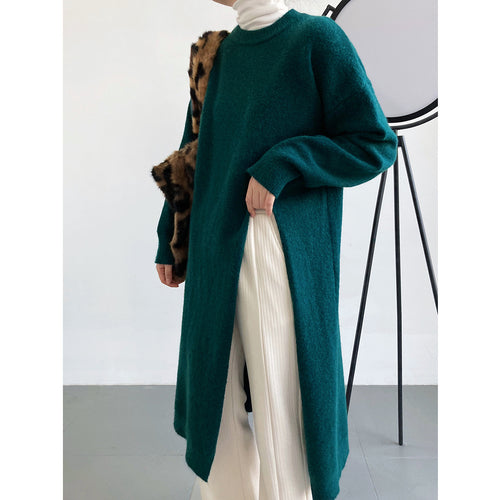 Damen Langer Strickpullover mit Lockere Passform und Seitenschlitzen Drune