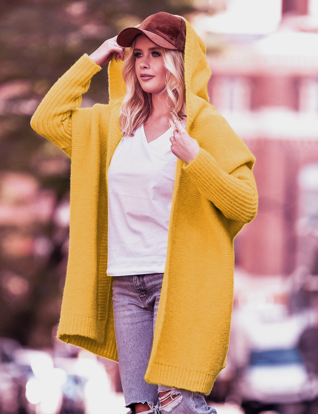 Damen lässiger Strickcardigan mit Kapuze und großen Taschen Drune
