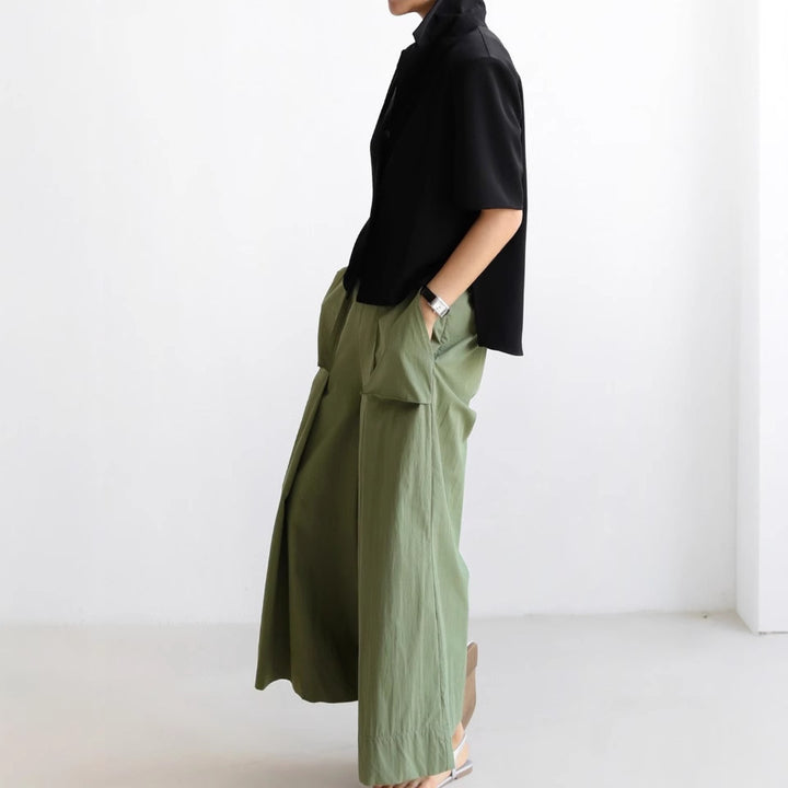 Damen Weite Palazzo-Hose mit hoher Taille, Cargo-Taschen und plisseeartiger Faltenlegung Drune