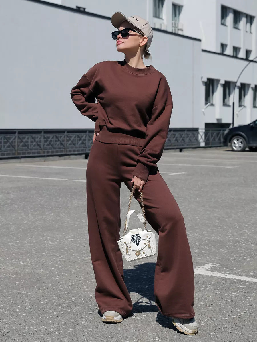 Damen Loungewear-Set mit weitem Crewneck-Sweater und High-Waist Palazzohose Drune