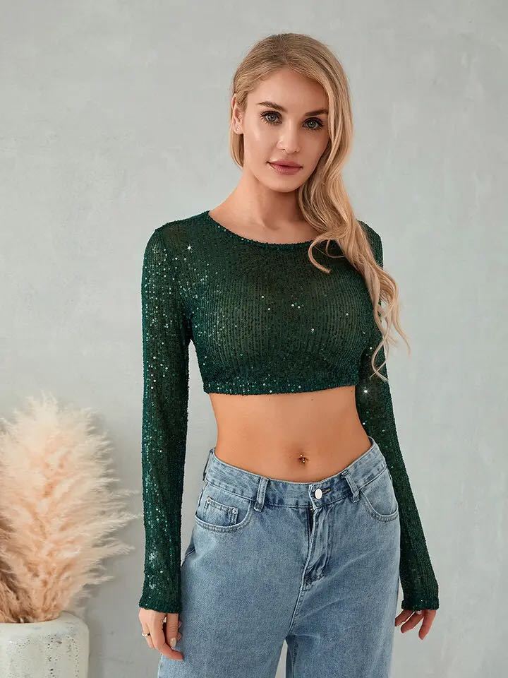 Damen Glitzerndes Langarm-Top mit funkelnden Pailletten Drune