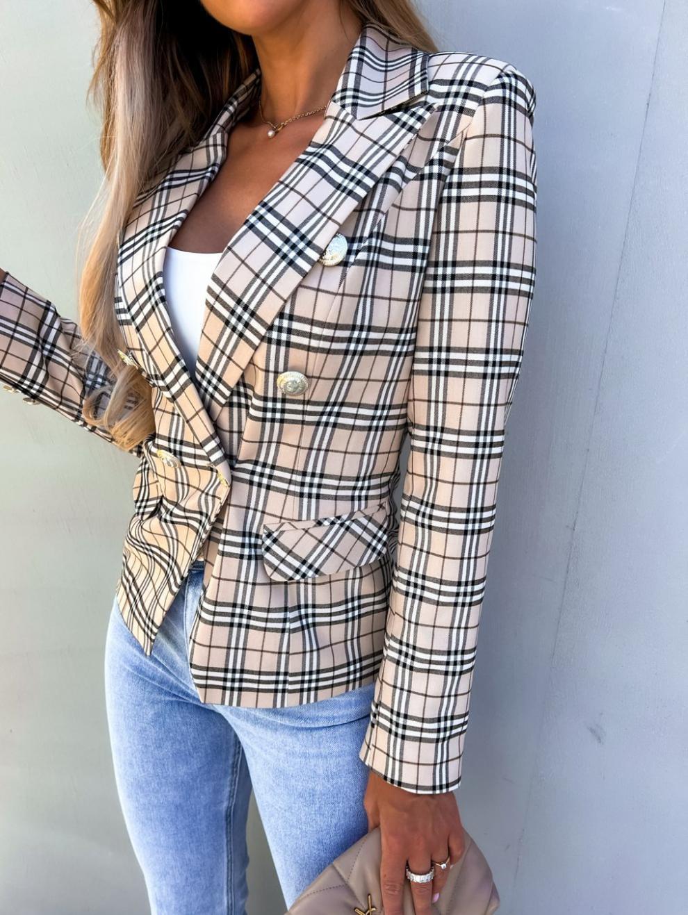 Damen Karierter Blazer im modernen Schnitt mit doppelter Knopfreihe und eleganten Details Drune