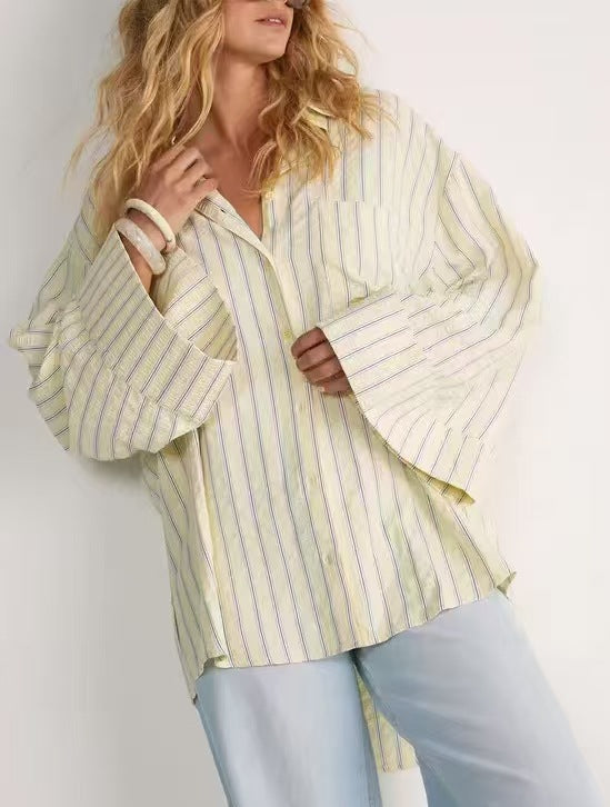 Damen Oversize-Hemdbluse mit weitem Glockenärmel und feinem Streifenmuster Drune