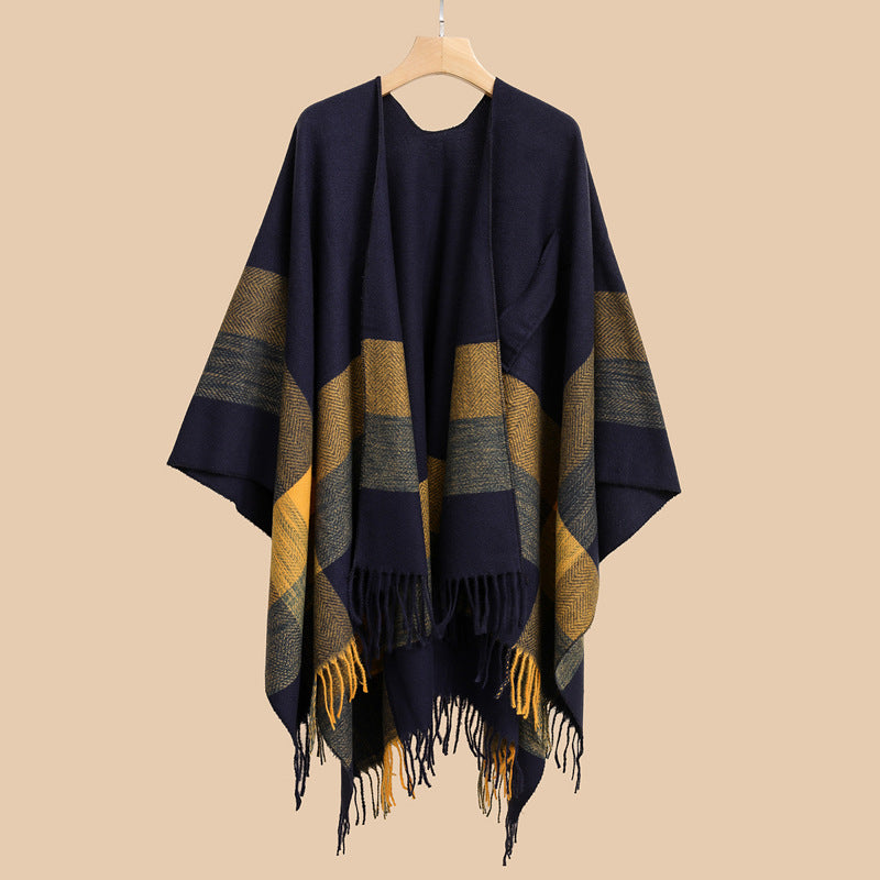 Damen Capeponcho aus Wollmix mit Ärmelschlitzen, offener Front und Fransenabschluss Drune