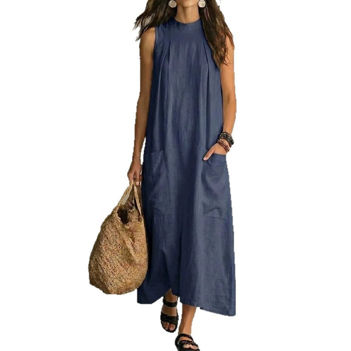 Damen nan ärmelloses Leinen-Maxikleid mit Stehkragen, Brustfalten und aufgesetzten Taschen Drune