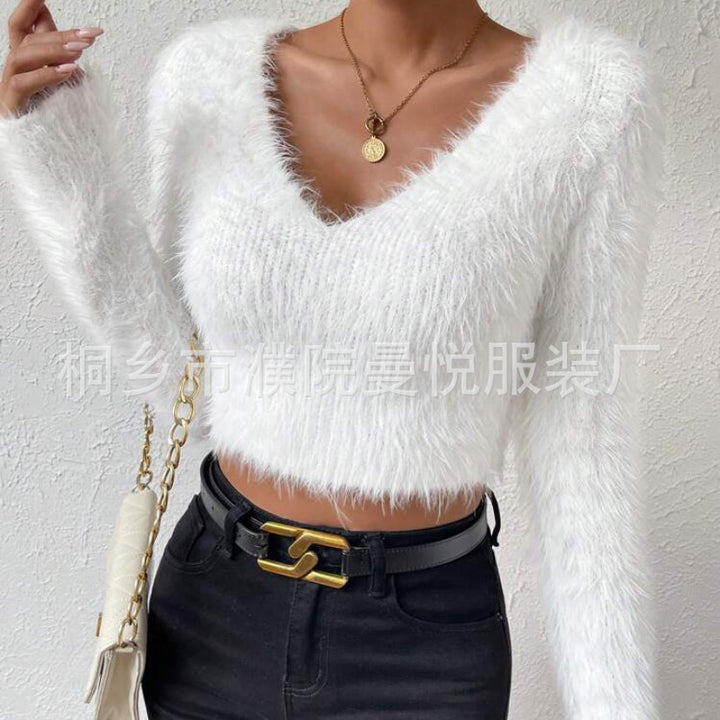 Damen Flauschiger Crop-Pullover mit V-Ausschnitt und Eyelash-Struktur Drune