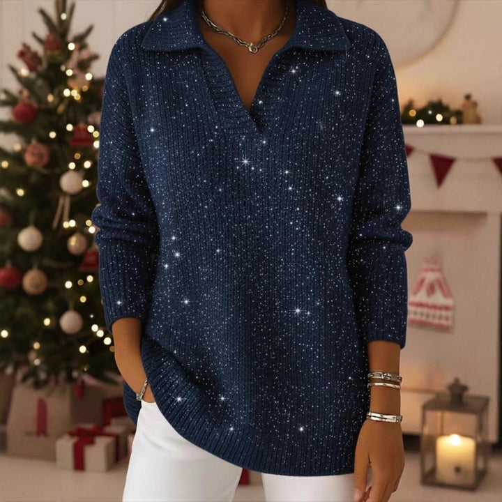 Damen Eleganter V-Pullover mit glänzenden Akzenten
