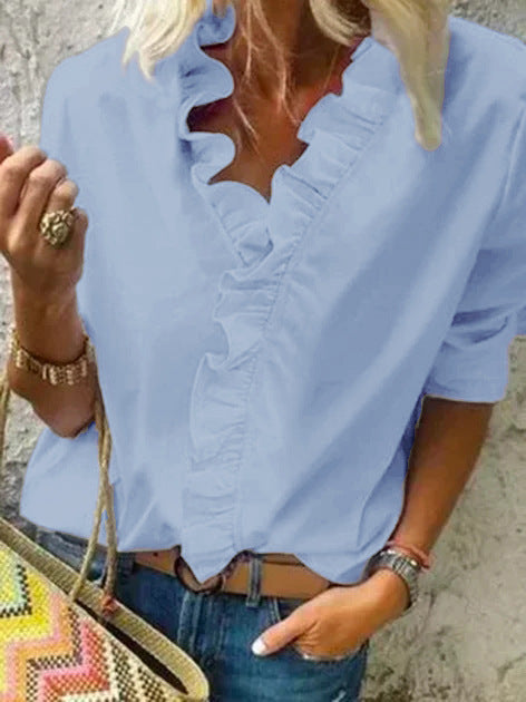 Damen Leichte Viskosemischung Bluse mit Rüschenausschnitt und rollbaren 3/4 Ärmeln Drune