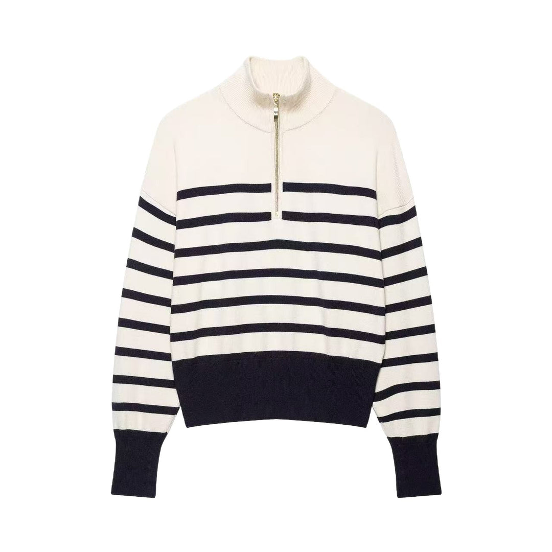 Damen Gestreifter Strickpullover mit halbem Reißverschluss und Stehkragen Drune