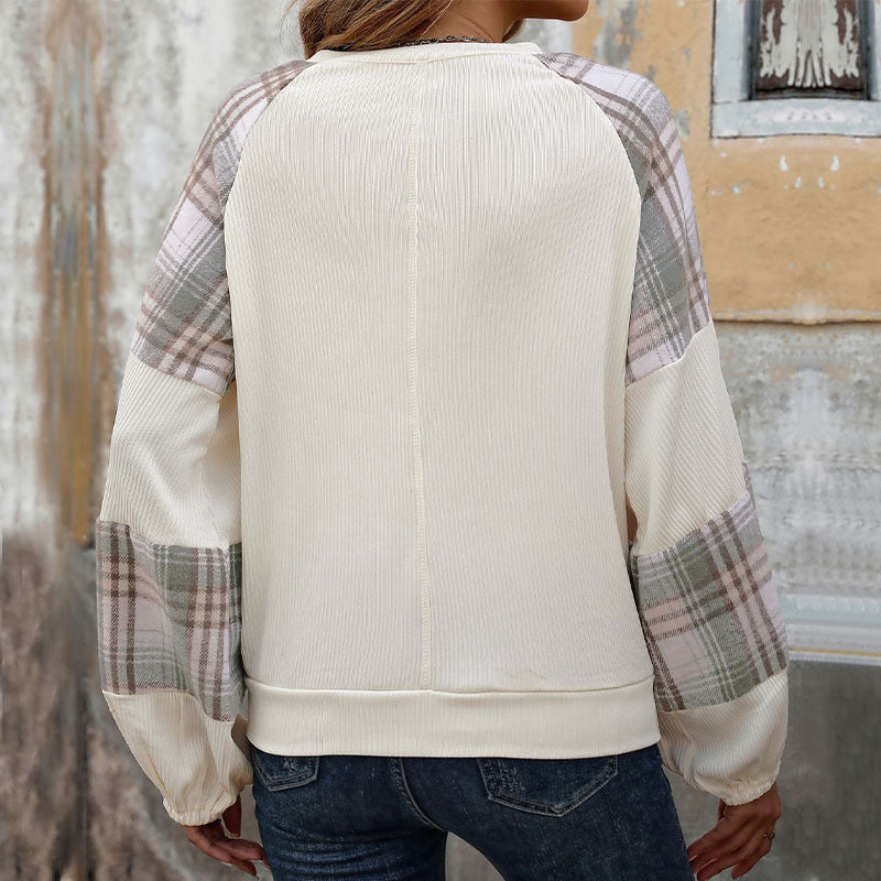 Damen Oversize-Longsleeve mit karierten Chiffon-Raglanärmeln und gerafften Manschetten Drune