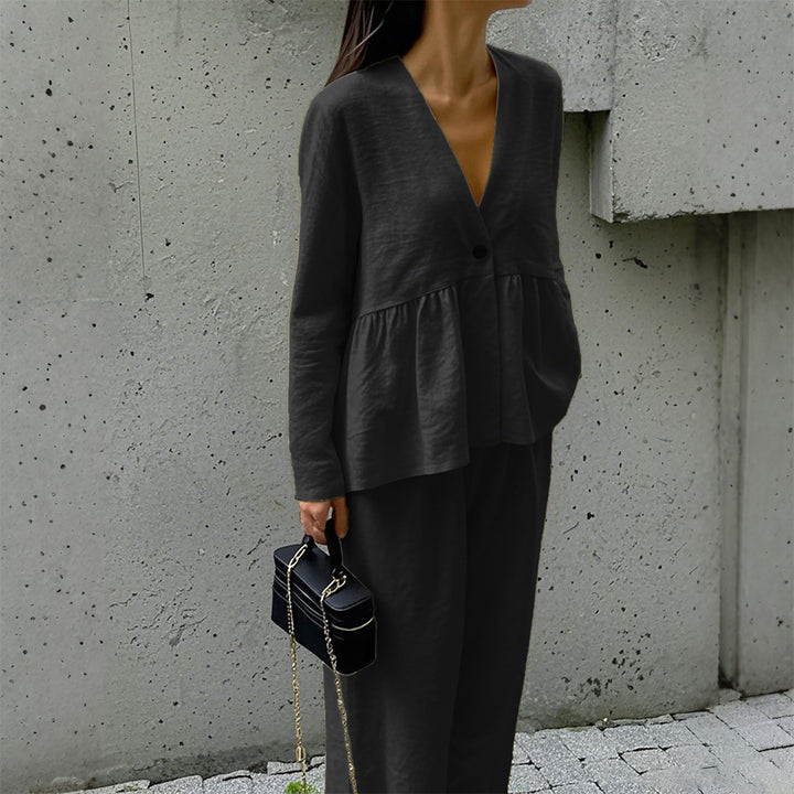 Damen nan legeres Leinenmix-Zweiteiler mit V-Ausschnitt Peplum-Bluse, Einknopfleiste und weitem Palazzo-Hosenbein Drune