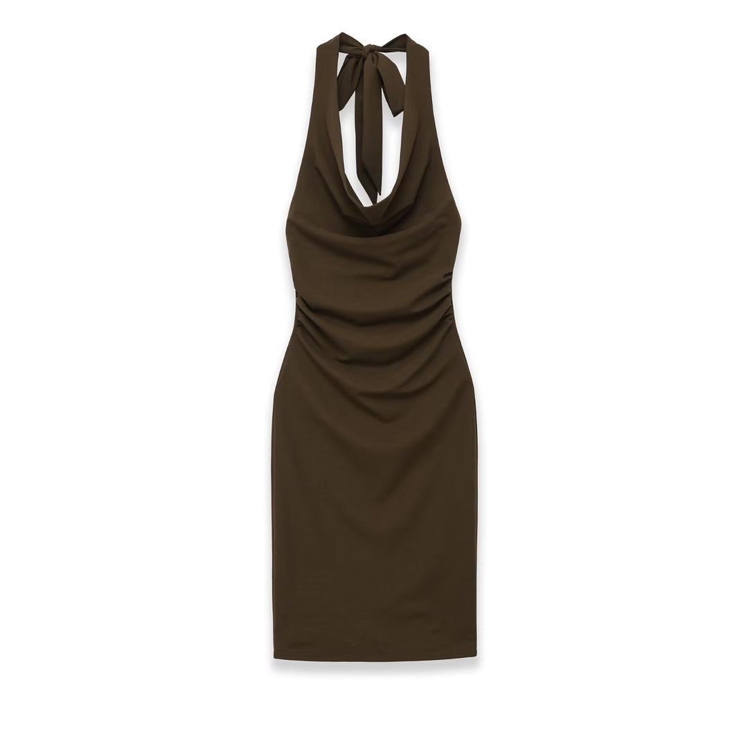 Damen Midikleid mit Neckholder, Wasserfall‑Cowl‑Ausschnitt und seitlicher Raffung Drune