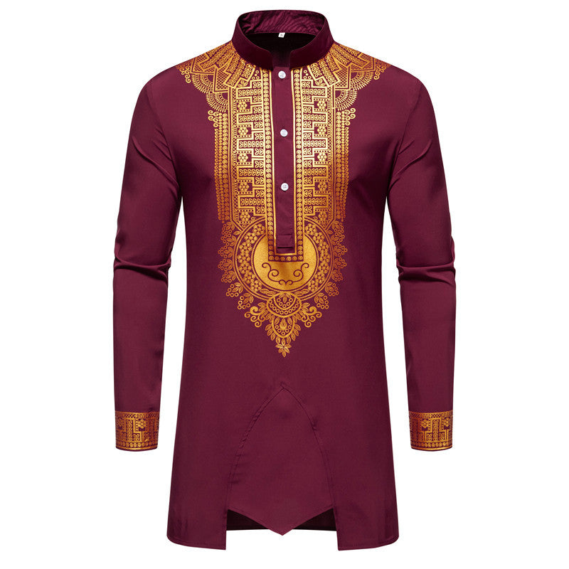 Herren Traditionelles Tunika-Set mit Stehkragen und goldfarbenem Ornamentdruck, Longshirt & Tunnelzughose Drune