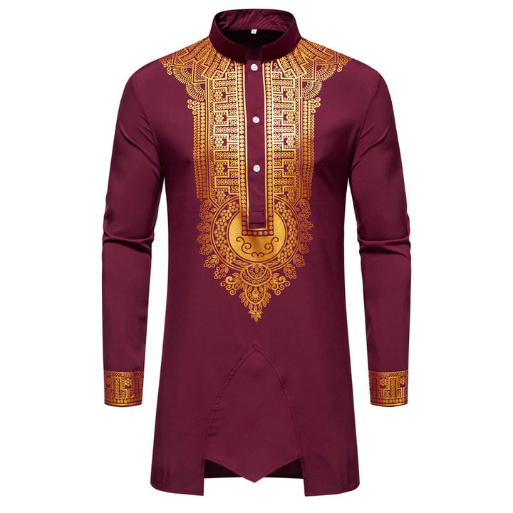 Herren Traditionelles Tunika-Set mit Stehkragen und goldfarbenem Ornamentdruck, Longshirt & Tunnelzughose Drune