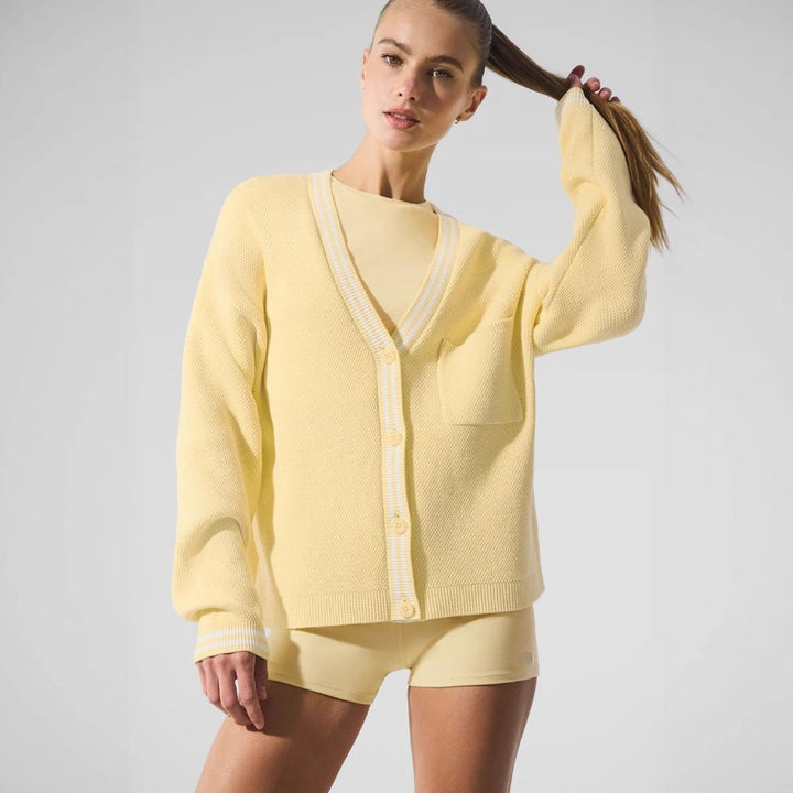 Damen Waffelstrick Cardigan mit sportlichem V-Ausschnitt und Brusttasche Drune