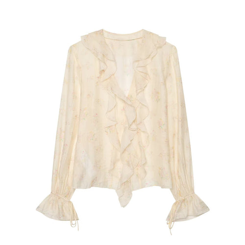 Damen Leichte Chiffonbluse mit Volantkragen, tiefem V-Ausschnitt und gerafften Trompetenärmeln Drune