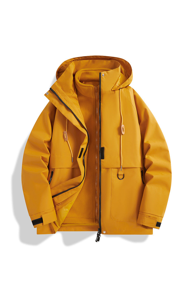 Herren Mehrlagige Softshell-Utilityjacke mit integriertem Fleece-Innenjackett, Kordelzugkapuze und Multifunktions-Taschen Drune