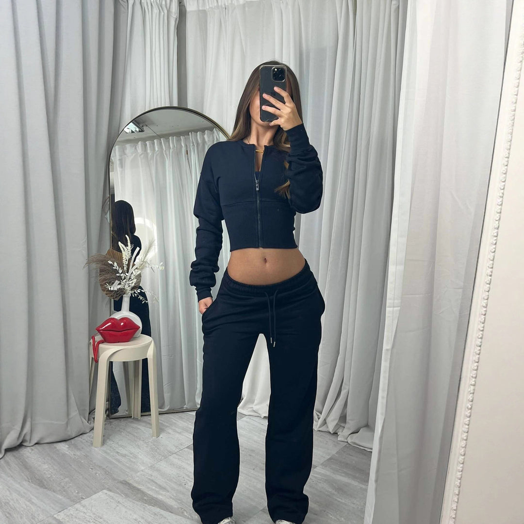 Damen nan kurzes Zip-Cropped-Shirt mit formendem Bund und breite Relax-Sweatpants mit Tunnelzug Drune