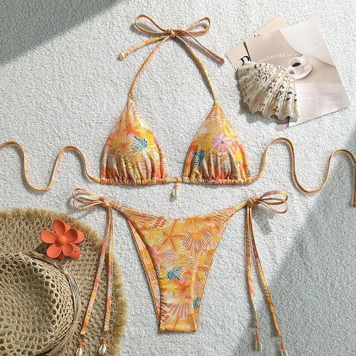 Damen Triangel-Bikini mit tropischem Muster und verspielten Bindebändern Drune