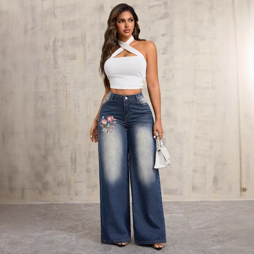 Damen weite Denim-Jeans mit floralen Stickereien Drune