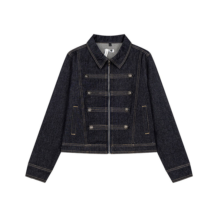 Damen kurze Jeansjacke im Military‑Stil mit Doppelreihen‑Knöpfen Drune