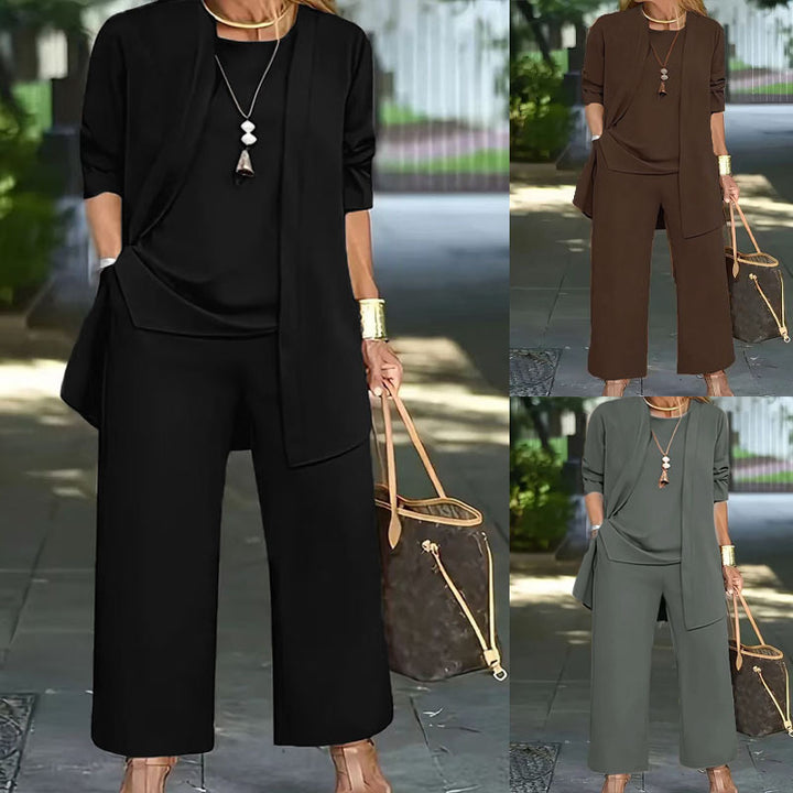 Damen Elegantes Zweiteiler-Set mit offenem Longcardigan, ärmellosem Top und weiter Palazzo-Hose Drune