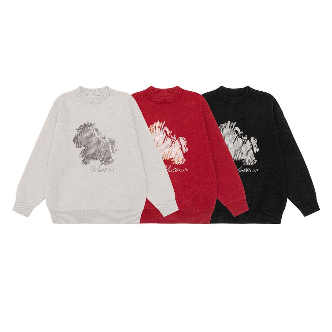 Damen Oversize-Strickpullover mit Jacquard-Hundemotiv und geripptem Saum Drune