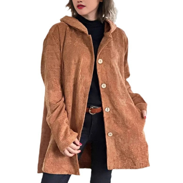 Damen lässige und gemütliche Cordjacke mit Kapuze Drune