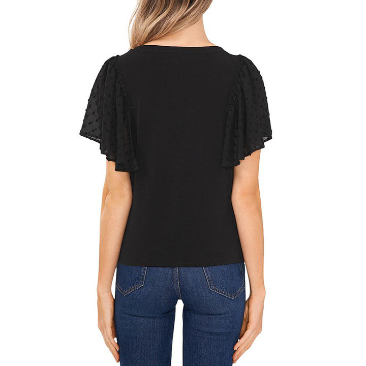 Damen V-Ausschnitt Bluse mit transparenten Rüschenschultern Drune