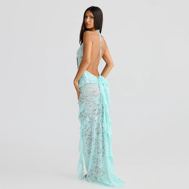 Damen verführerisches Spitzenkleid mit asymmetrischem Saum und Rüschendetails Drune
