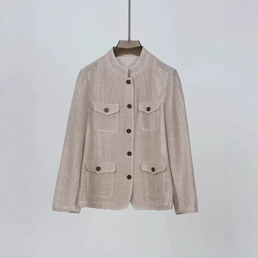 Damen Leichte Häkeloptik-Übergangsjacke mit Rundkragen und Pattentaschen Drune