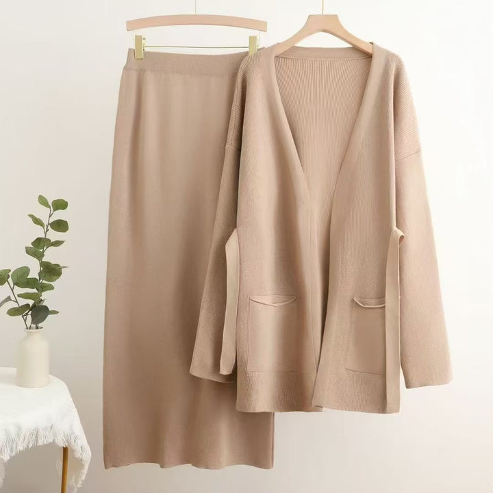 Damen lässiges Strickensemble mit tiefem V-Ausschnitt und praktischen Taschen Drune