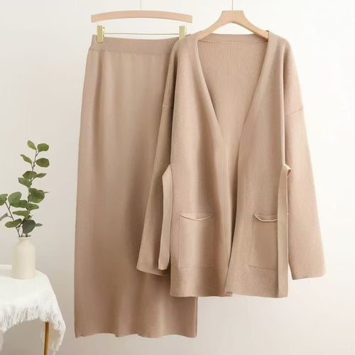 Damen lässiges Strickensemble mit tiefem V-Ausschnitt und praktischen Taschen Drune