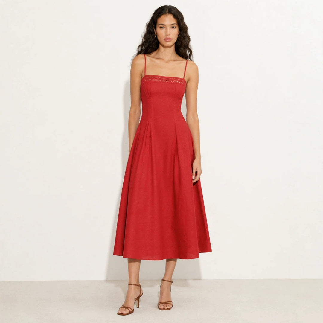 Damen nan Vintage-inspiriertes Midikleid mit schmalen Spaghettiträgern, Spitzenpassé und ausgestelltem Tellerrock Drune