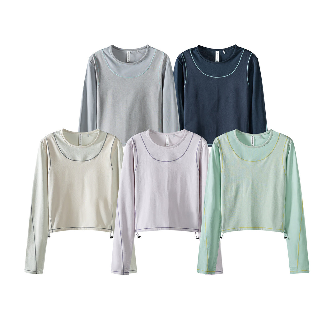 Damen Leichtes cropped Layering-Longsleeve mit Mesh-Ärmeln, Kontrastnähten und Kordelzug Drune