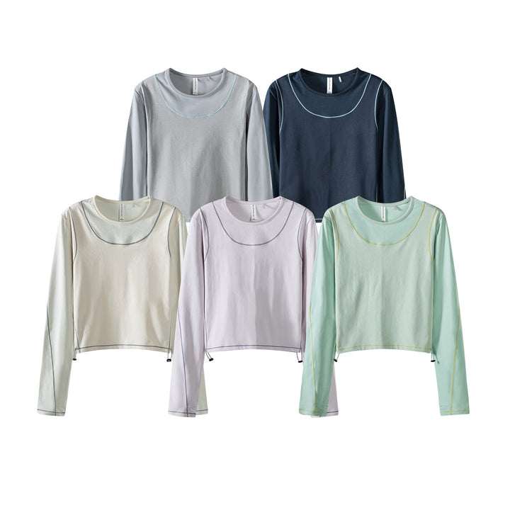 Damen Leichtes cropped Layering-Longsleeve mit Mesh-Ärmeln, Kontrastnähten und Kordelzug Drune