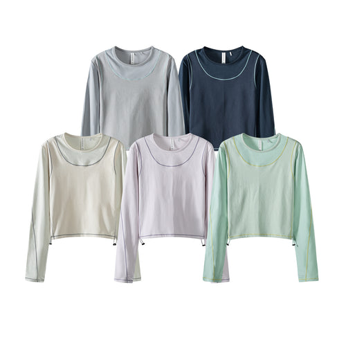 Damen Leichtes cropped Layering-Longsleeve mit Mesh-Ärmeln, Kontrastnähten und Kordelzug Drune