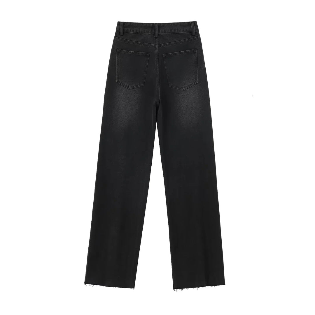 Damen nan hochgeschnittene weite Denimjeans mit geradem Bein und Fransensaum Drune
