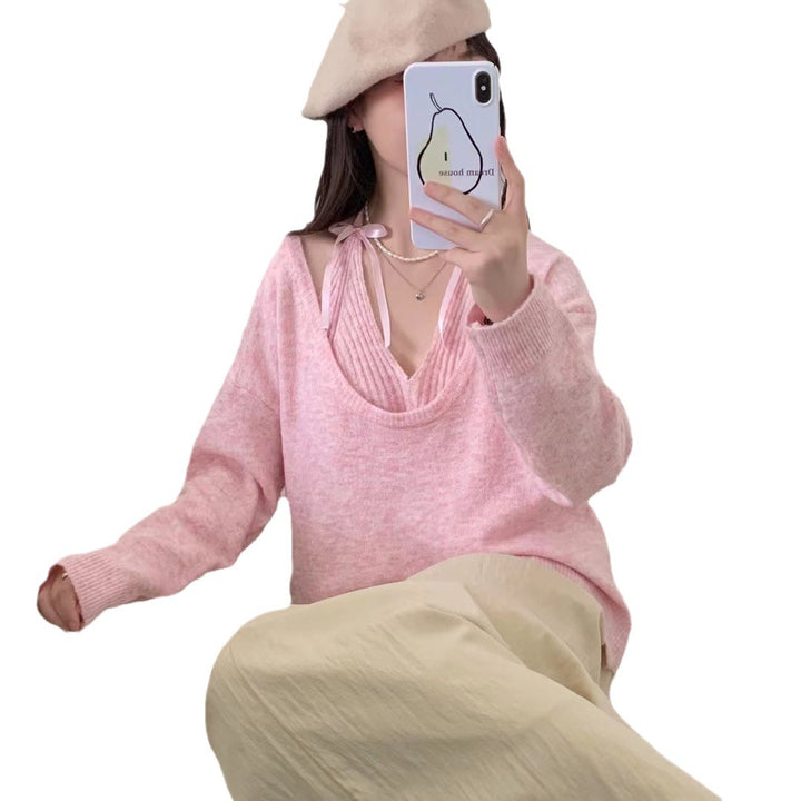 Damen lässiger V-Ausschnitt Pullover mit feinem Rippmuster Drune