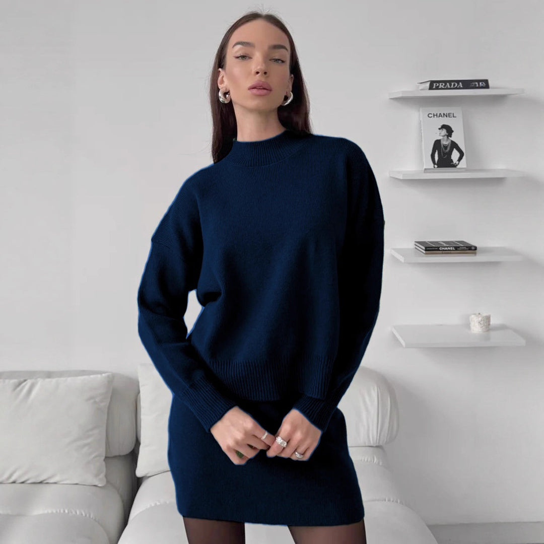 Damen kuscheliges Strickensemble mit hochgeschlossenem Design und ausgestelltem Rock Drune