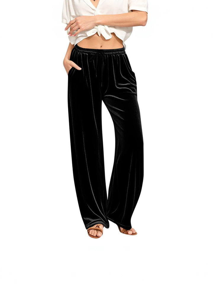 Damen Samt-Loungehose mit weitem Bein, Tunnelzugbund und Eingrifftaschen Drune