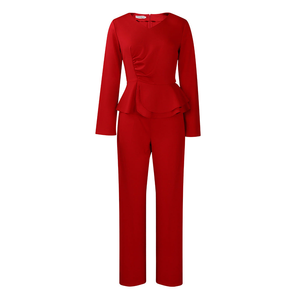 Damen eleganter Jumpsuit mit peplum Schnitt und langen Ärmeln Drune