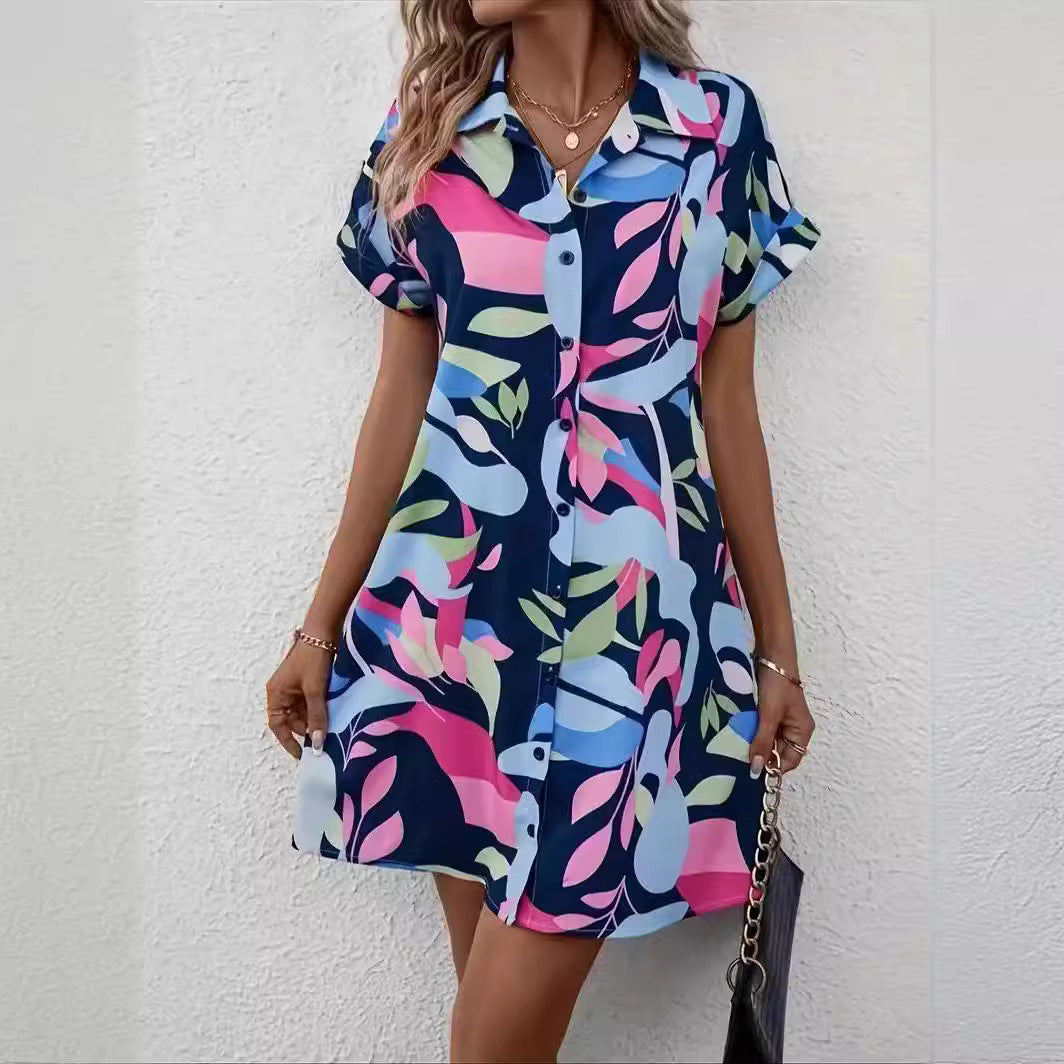 Damen Kurzärmeliges Hemdkleid mit frischem Blattdruck Drune