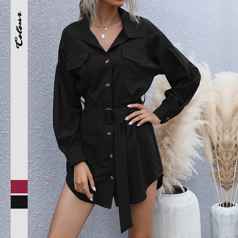 Damen Kurzblusenkleid im Safari-Stil mit Bindegürtel und aufgesetzten Brusttaschen Drune