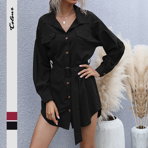 Damen Kurzblusenkleid im Safari-Stil mit Bindegürtel und aufgesetzten Brusttaschen Drune