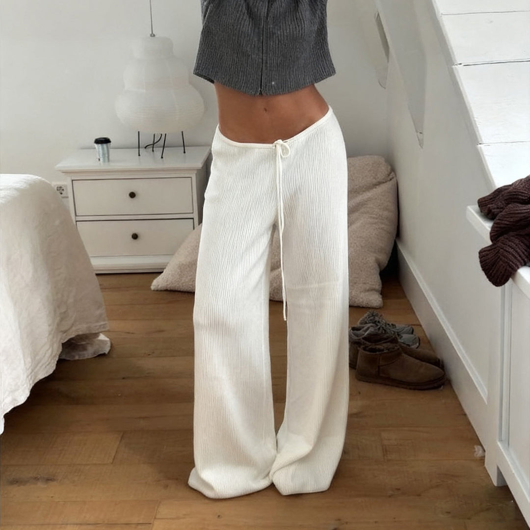 Damen nan lässige Lounge-Hose mit weitem Bein, elastischem Tunnelzugbund und feinem Rippstrick Drune