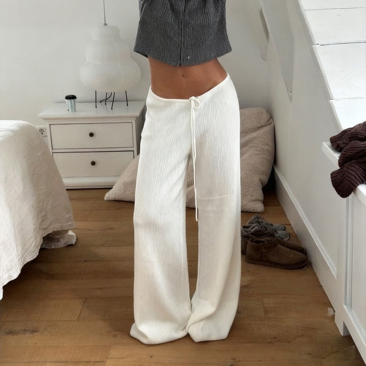 Damen nan lässige Lounge-Hose mit weitem Bein, elastischem Tunnelzugbund und feinem Rippstrick Drune